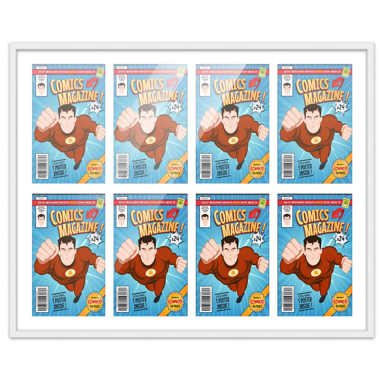 Comic Book Display Frame for Current Era Comic Published After 1985 - White Wood Comic Frame With White Mat for 6.875x10.5 Comic, 18 Frame Sizes